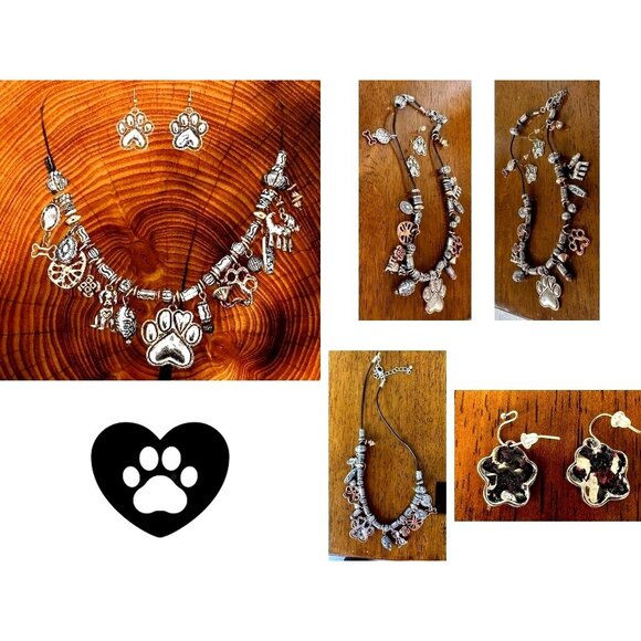 Paw Print Necklace Earrings Set Pendant 17 inch Handmade New Dog Bone An… - Picture 11 of 12